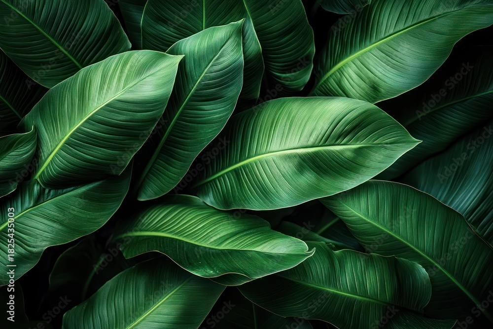 Obraz premium Close-up view of vibrant green tropical leaves overlapping with visible veins and natural texture creating a lush and fresh atmosphere
