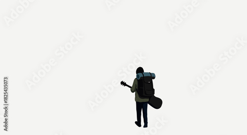 Pixel Art Traveler With Guitar And Backpack Walks In Minimalist Landscape
