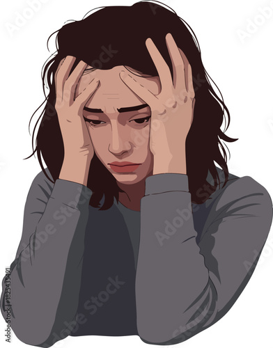 Pixel Art Woman Holding Head in Distress Gray Sweater