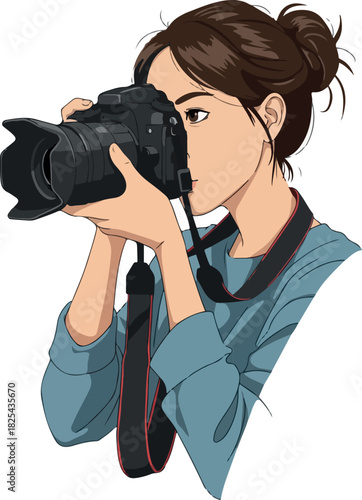 Pixel Art Woman Photographer Capturing Image with Professional DSLR Camera
