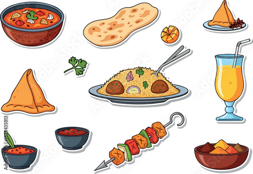 Delicious Indian Cuisine Stickers Set with Samosas, Curry, Naan, and Grilled Skewers