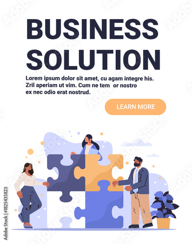 Business solution teamwork people assembling puzzle pieces collaboration office setting abstract shapes modern flat design website banner