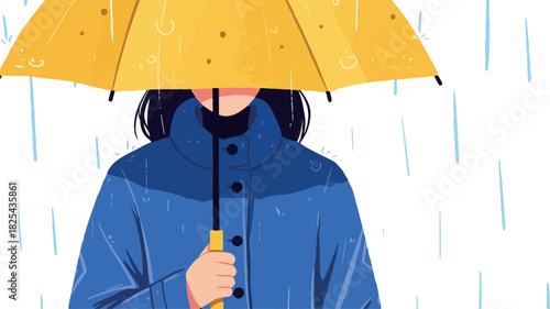 Pixel Art Woman Under Yellow Umbrella in Blue Coat During Rainfall