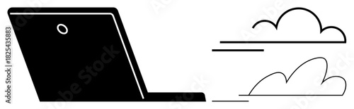 Open laptop emitting stylized clouds symbolizing speed, cloud storage, and online data sharing. Ideal for technology, cloud computing, innovation, mobility, globalization, efficiency simple flat