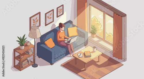 Pixel Art Woman Working Laptop Cozy Living Room Sunlight Through Window