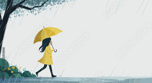 Pixel Art Woman Yellow Coat Yellow Umbrella Walking in Rain