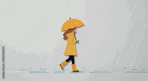 Pixel Art Woman Yellow Raincoat Holding Umbrella Walking in Rain