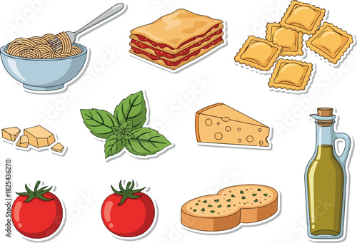 A Colorful Italian Food Sticker Set Ravioli, Lasagna, Basil, and More