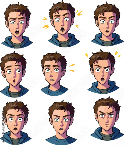 Pixel Art Young Man Emotion Faces Set Blue Hoodie