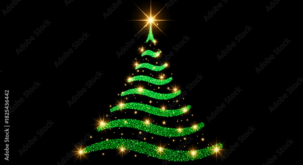 Fototapeta premium Magical Christmas tree&nbsp;decorations&nbsp;with sparkling lights, a festive and modern design for holiday greetings, seasonal promotions, conveying joy, celebration for the new year. Isolated black background