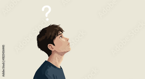 Pixel Art Young Man Looking Up Question Mark Neutral Background Minimalist Illustration