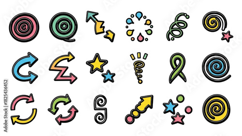 Playful Colorful Doodle Symbols – Spirals Arrows Quirky Sketch Icon Set