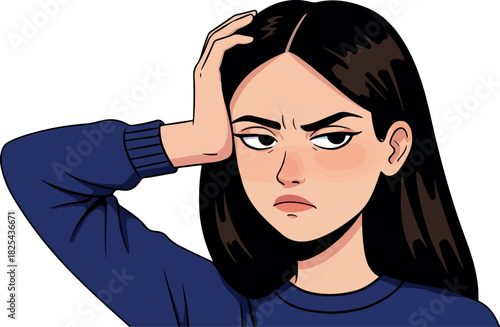 Pixel Art Young Woman Frowning Hand on Forehead Blue Sweater