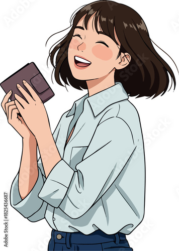 Pixel Art Young Woman Laughing Holding Wallet Light Blue Shirt