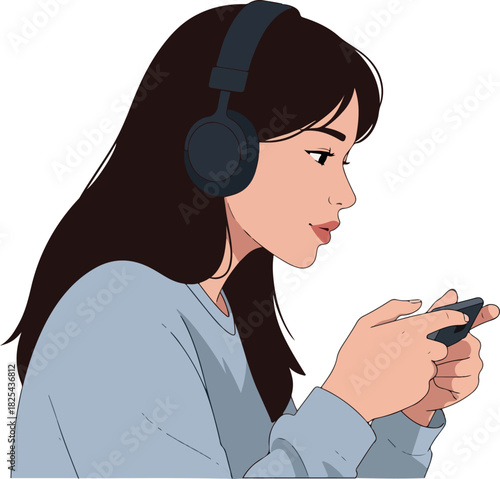 Pixel Art Young Woman Wearing Headphones Plays Mobile Game Indoors
