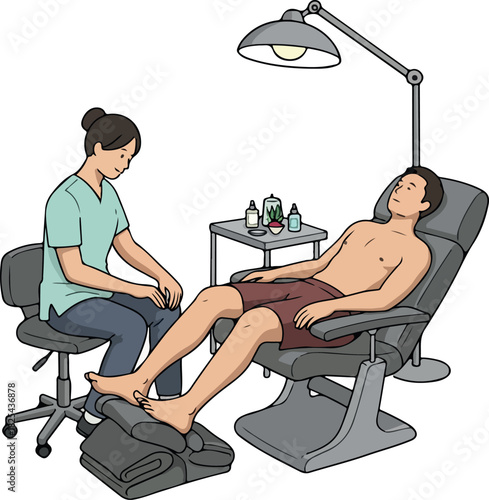 Podiatrist examining patient's foot in clinic with examination lamp