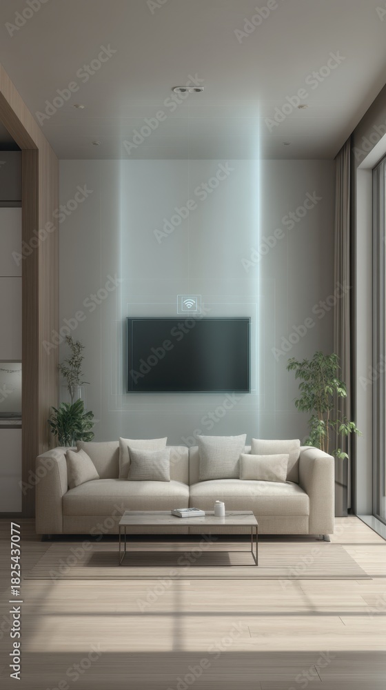 Fototapeta premium Modern beige living room interior with sofa.