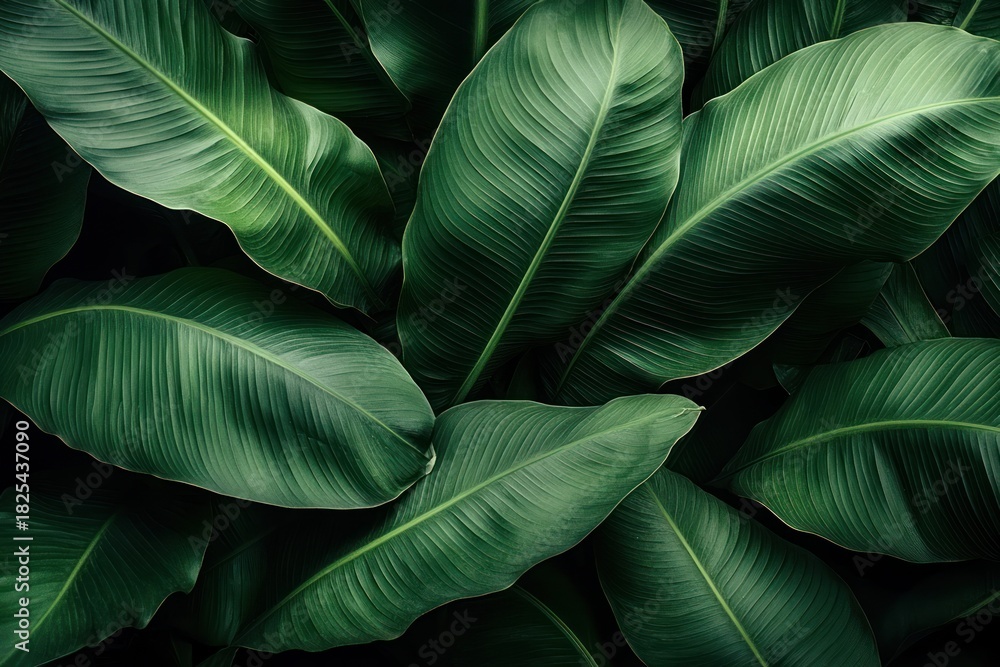 Obraz premium Close-up of lush green large tropical leaves with visible veins overlapping each other creating a dense natural texture and a calm organic atmosphere