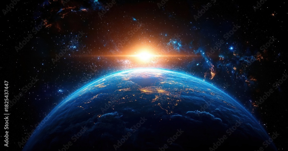 Obraz premium View of Earth from space with the sun rising above the horizon and bright city lights visible on the dark side, surrounded by stars and cosmic clouds