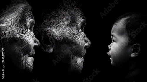 Black and white image depicts aging, from the elderly to a baby. Faces in profile