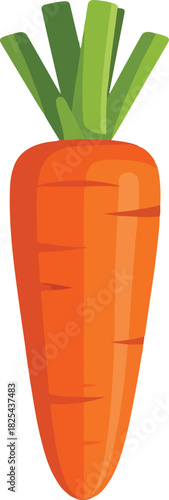 A single, vibrant orange carrot with green leafy tops, depicted in a cartoon style against a white background.