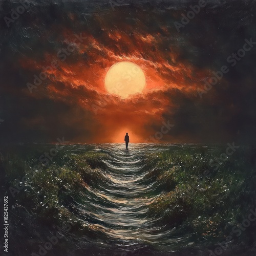 silhouette of a lone person standing at the edge of turbulent water under a large glowing sun surrounded by dramatic dark red and orange clouds