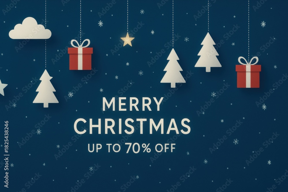 Fototapeta premium Merry Christmas brings joy with beautiful tree and festive decorations as we celebrate happy new year in 2026 with amazing discounts up to 70% off
