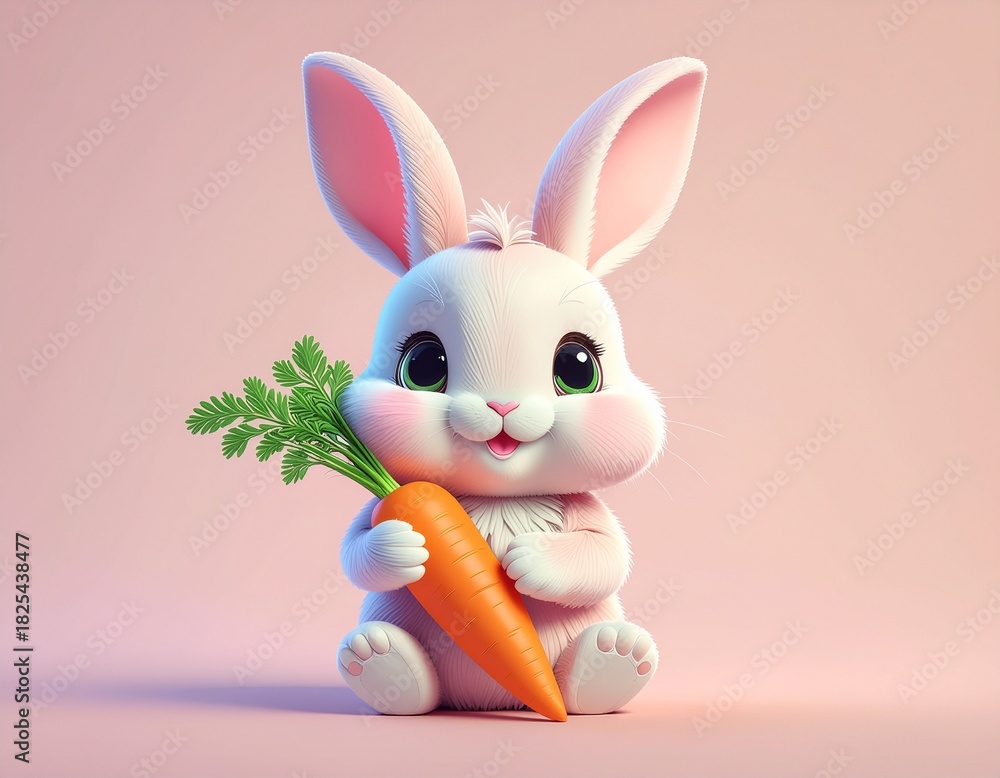 Fototapeta premium Cute cartoon Easter bunny rabbit with carrot, isolated pink baby toy animal holiday decoration