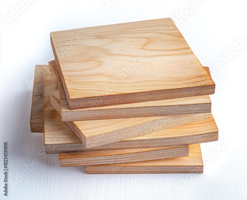 Stack of six smooth plywood wood panels with natural grain pattern on a white surface