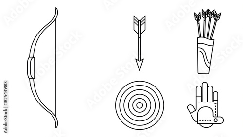 Archery Icons Set of Bow, Arrow, Target, Quiver, and Hand Glove - Line Art Illustrations