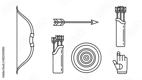 Minimalist line icon collection of archery equipment, showcasing the tools for the ancient sport of skill, aim, and precision