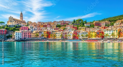 Vibrant, colorful historic town of ventimiglia alta perched on a hillside overlooking the bright turquoise ligurian sea under a clear blue sky in italy
