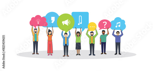 Group Holding Diverse Speech Bubbles ,People Holding Colorful Speech Bubbles with Icons, Communication and Expression Concept