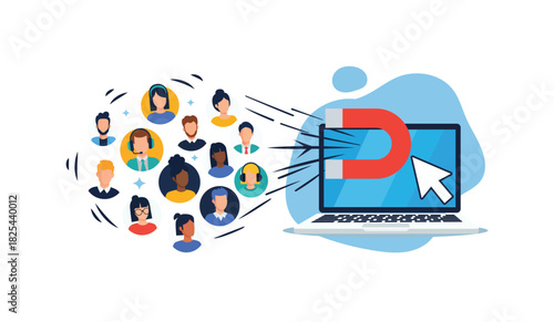Digital Marketing Concept with Magnet Attracting Avatars to Laptop Screen