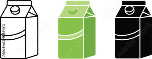 Liquid Packaging Carton Box Icon Set - Outline, Color, and Silhouette Vector