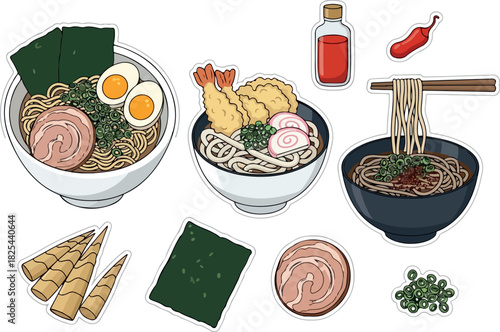 Japanese Noodle Dishes Ramen and Soba Illustration