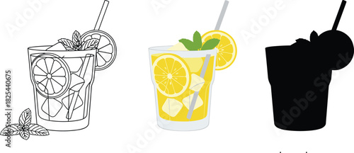 Lemonade or Iced Tea Drink Icon Set with Lemon Slices and Mint - Outline, Color, and Silhouette Vector