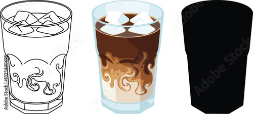 Iced Coffee or Latte Icon Set with Milk Swirl - Outline, Color, and Silhouette Vector