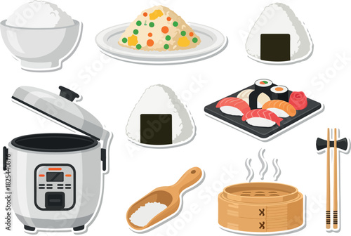 Japanese Rice Dishes Sushi, Onigiri, and Rice Cooker