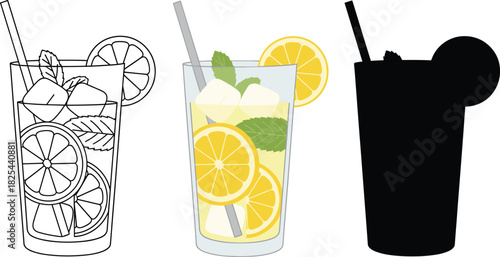 Mojito or Lemonade Cocktail Icon Set with Citrus Slices and Straw - Outline, Color, and Silhouette Vector