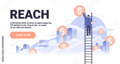 Reach business growth concept businessman climbs ladder towards dollar coins over cityscape background modern web banner
