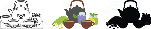 Herbal Tea Preparation Set Icon - Teapot, Cups, and Ingredients Illustration