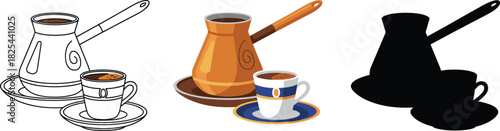 Turkish or Greek Coffee Set with Cezve/Ibrik and Cup Icon Set - Outline, Color, and Silhouette Vector