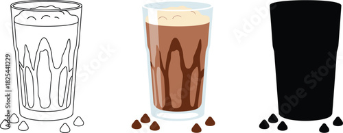 Chocolate Milkshake or Frappe Icon Set with Drizzle and Foam - Outline, Color, and Silhouette Vector