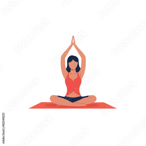 Girl in Yoga Pose with Raised Arms on Red Mat, Mindfulness and Wellness Concept