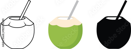 Fresh Coconut Water with Straw Icon Set - Outline, Color, and Silhouette Vector