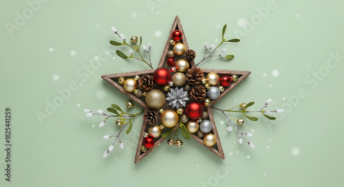 Christmas wooden star ornament decorated with baubles and pine branches
