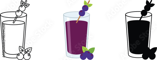 Blueberry or Berry Juice Icon Set with Fruit Garnish - Outline, Color, and Silhouette Vector