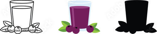 Blueberry Juice in Glass Icon Set with Berries - Outline, Color, and Silhouette Vector