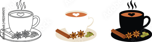 Hot Spiced Tea or Chai Icon Set with Heart Latte Art and Spices - Outline, Color, and Silhouette Vector